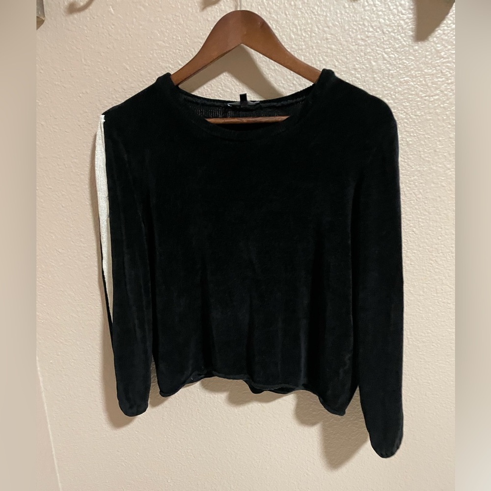 DREW Black Velvet Long Sleeve Top with White Sleeve Stripe